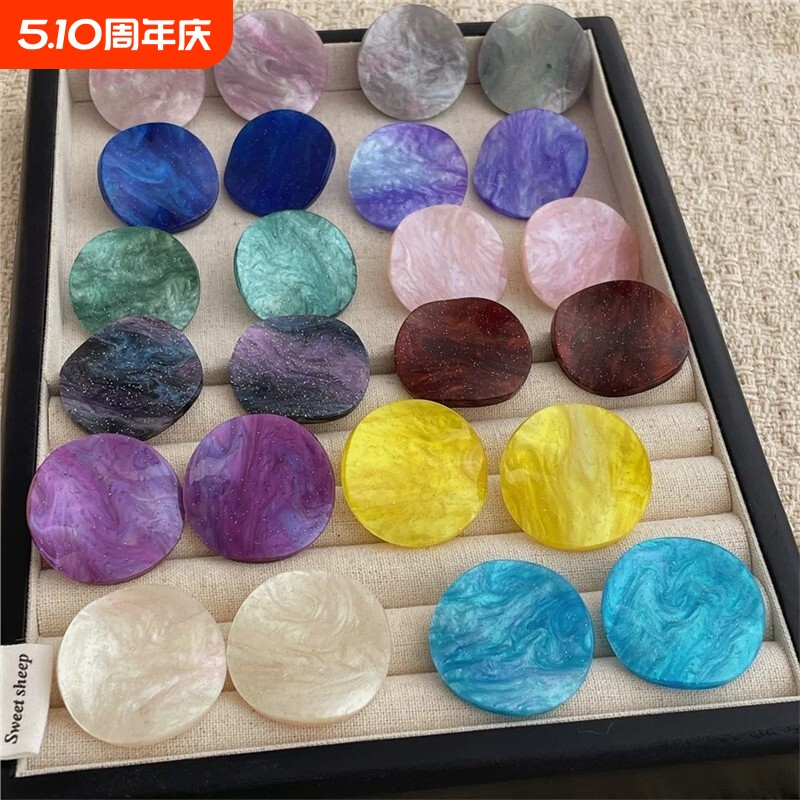 醋酸扭片圆形糖果色耳环女小众度假风耳针耳饰蓝色白色绿色紫色