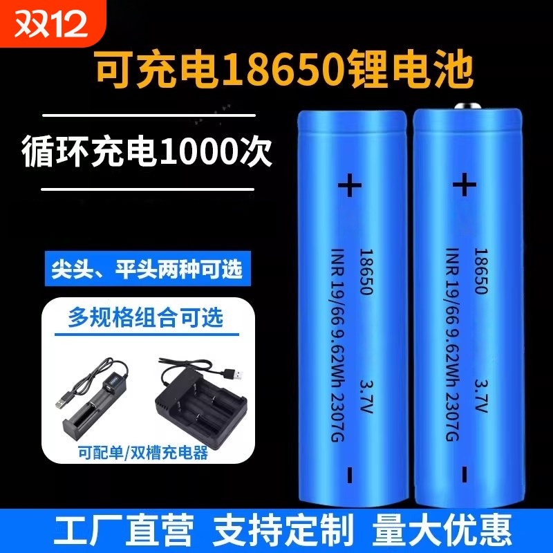 2000毫安18650充电电池平头尖头