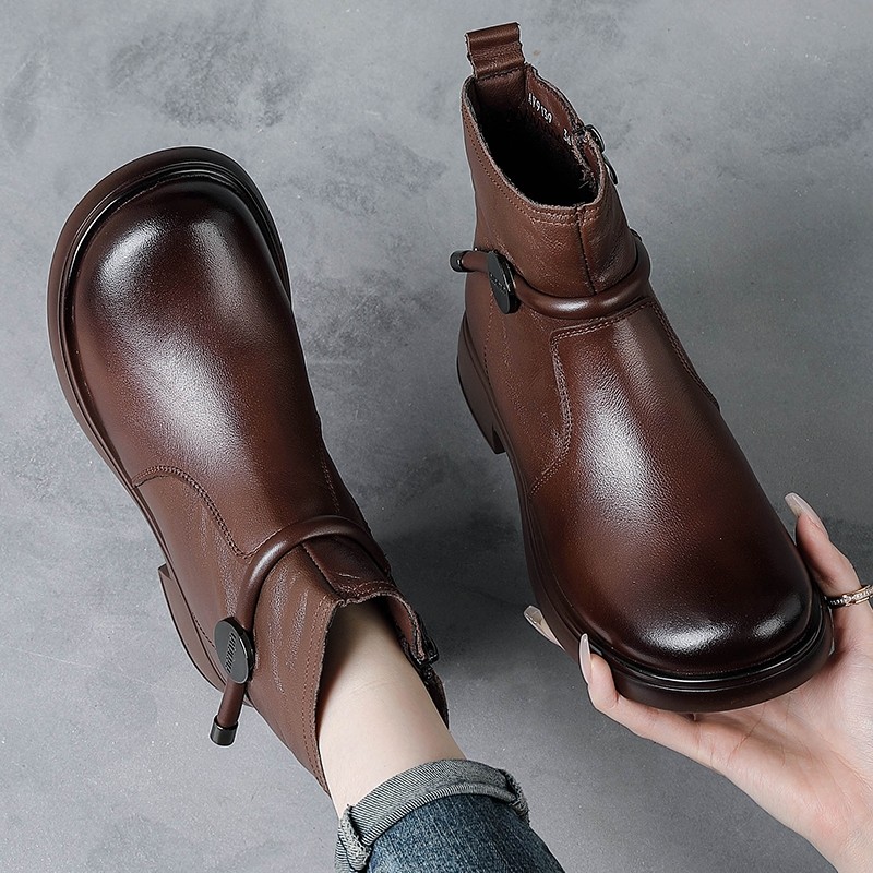 他她女孩头层牛皮秋冬2025新款单靴子女复古中年妈妈皮鞋加绒真皮