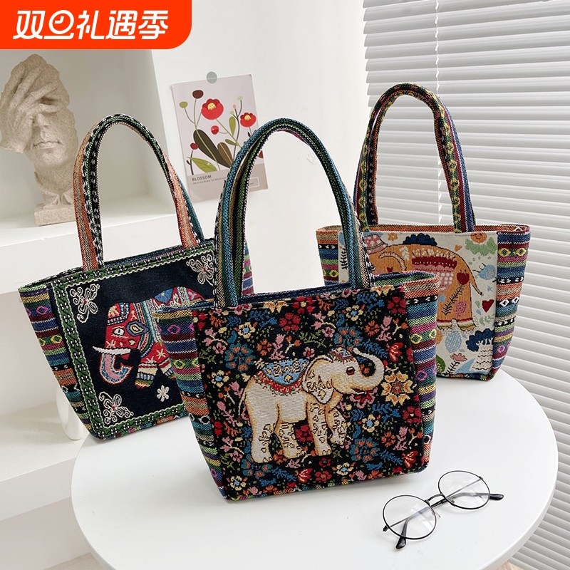 帆布饭盒包上班外出便当袋时尚刺绣女手提袋子提包大容量单肩大象