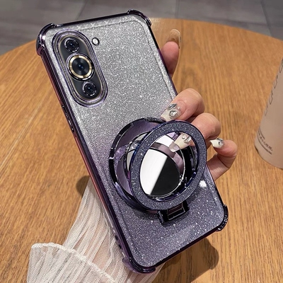 补妆镜面支架适用华为nova10手机壳新款mate60带镜头膜闪粉硅胶套nova13全包防摔P70pro+十透明软壳女高级感