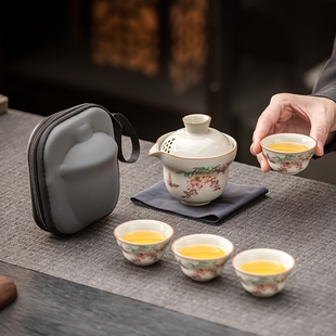 新款 户外泡茶壶 陶瓷汝窑快客杯便携包式 一壶四杯功夫旅行茶具套装