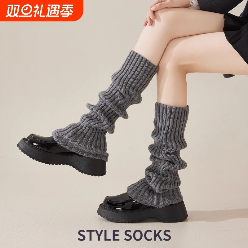 灰色袜套袜子女针织腿套秋冬季显瘦小腿长筒袜y2k堆堆袜配小皮鞋