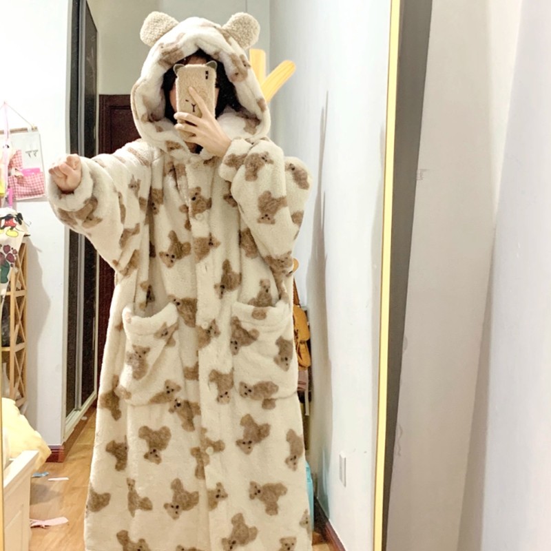 2025年睡衣女新款冬季珊瑚绒加厚加绒可爱秋冬睡袍家居服套装企鹅