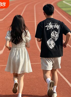 潮牌斯图西STU短袖t恤夏季重磅布纯棉260g丝网印花体恤衫白色巡游