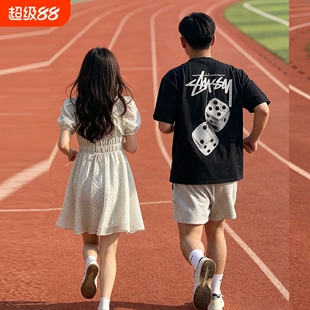 潮牌斯图西STU短袖t恤夏季重磅布纯棉260g丝网印花体恤衫白色巡游