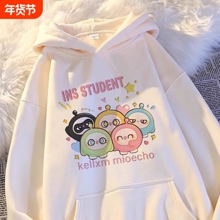 2025新款秋冬洋气上衣女童连帽卫衣加绒黑色白色粉色灰色红色卡通