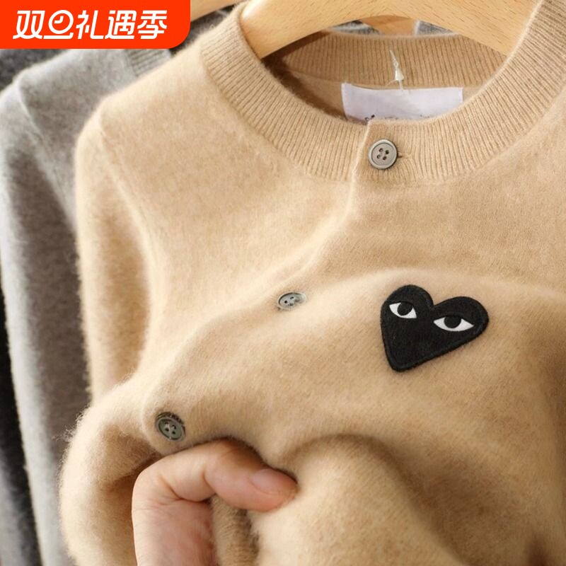 100%纯羊毛刺绣开衫外套亲子针织衫春秋款羊绒毛衣红色蓝色黑色