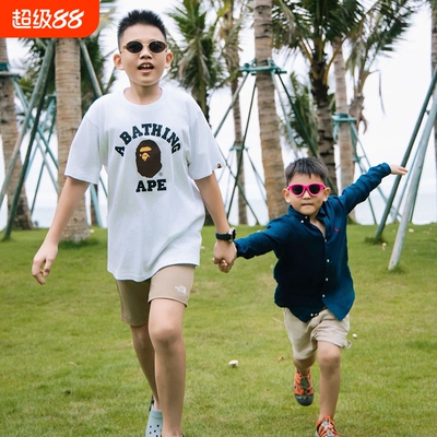 夏季BAPE儿童短袖t恤潮牌男女纯棉宽松猿人头SHARKAPE洋气亲子装
