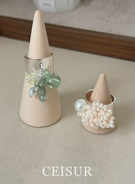 【青提米露】手作款清透冰绿色串珠宽版戒指小众设计清冷感食指戒