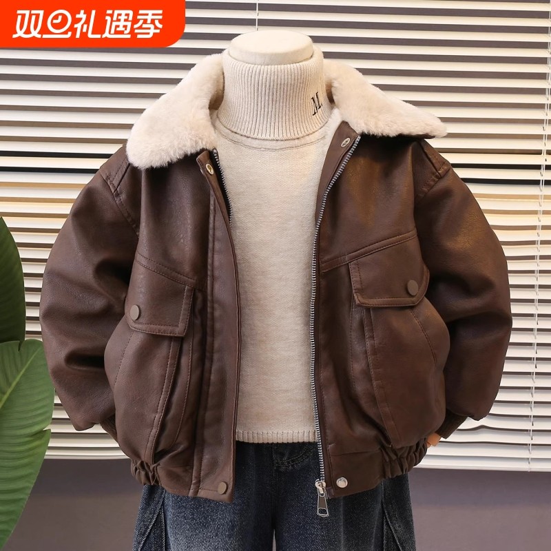 新款2025保暖冬装男童加绒皮衣外套秋冬儿童上衣潮童男孩机车夹克