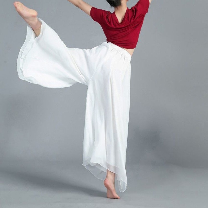 飘逸白色雪纺阔腿裤现代舞练功裤宽松古典舞裤中国风舞蹈服瑜伽裤