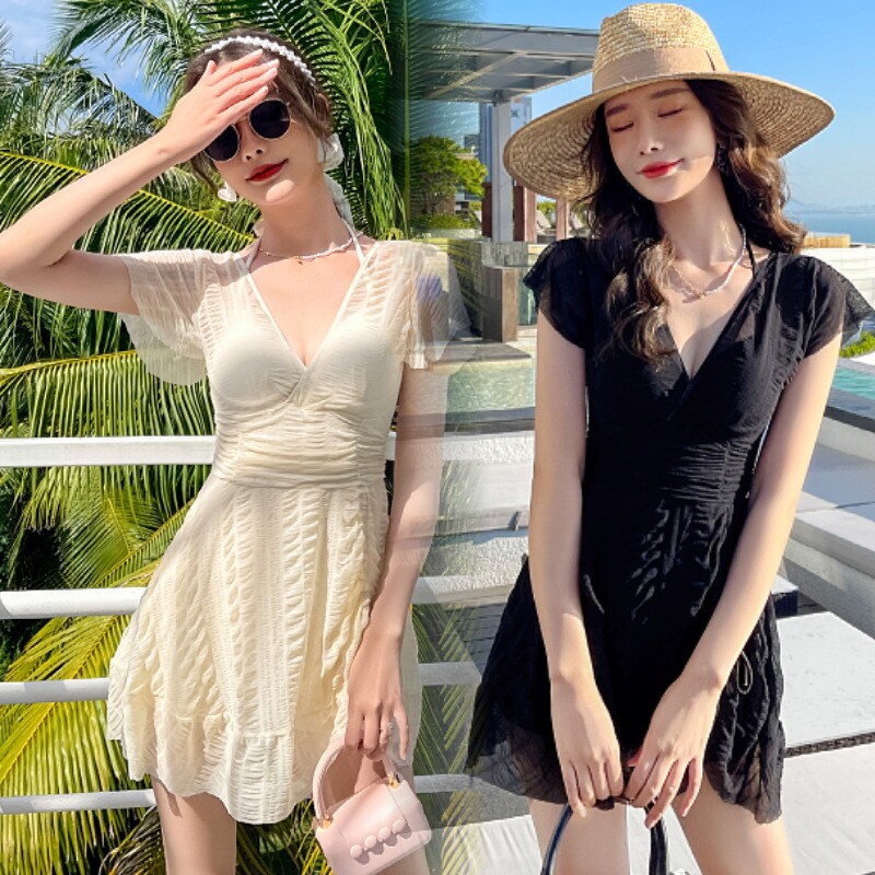 成人泳衣女新款大码连体裙式泳衣带钢托聚拢遮肚显瘦保守女士泳装