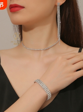 欧美时尚束颈链亚马逊爆款饰品满钻爪链手环耳环项链水钻三件套装