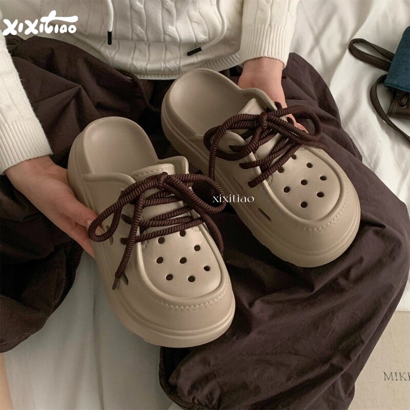 细细条 日系厚底增高绑带洞洞鞋女夏时尚足弓防滑沙滩包头半拖鞋
