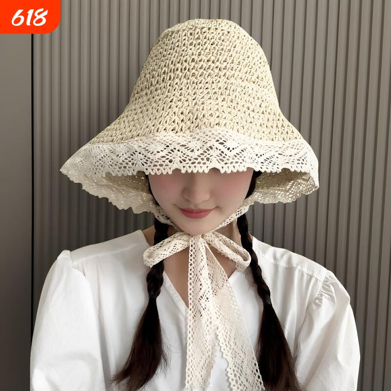 海边可折叠太阳帽子法式蕾丝花边遮阳草帽女夏季大帽檐飘带渔夫帽
