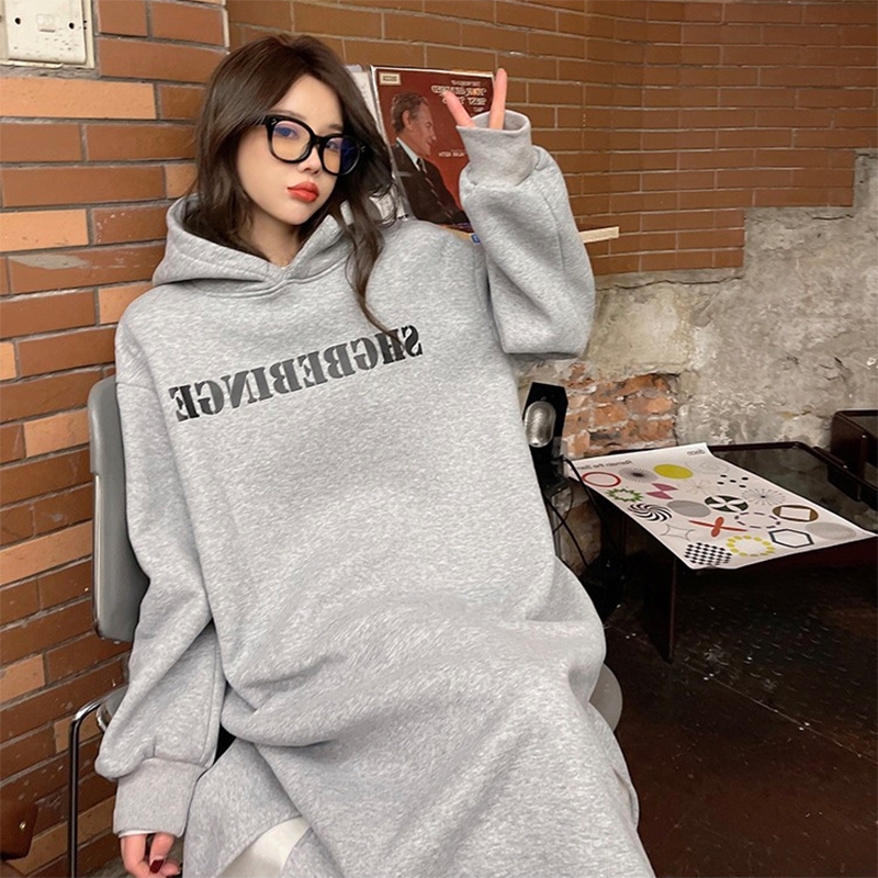 孕妇装中长款纯棉连帽卫衣裙孕妈秋冬新款加绒宽松休闲直筒连衣裙