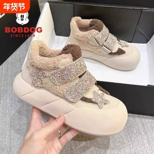 巴布豆女童雪地靴2025冬季新款加绒加厚儿童短靴子女童鞋鞋子黑色