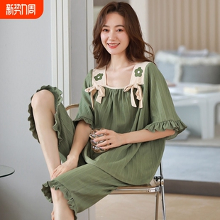 套装 七分裤 新款 学生大码 睡衣女夏季 家居服薄款 2025可外穿棉质短袖