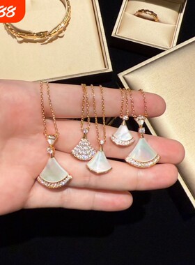 高定品质扇形小裙子项链女纯银镀18K黑玛瑙白贝母大扇子玫瑰金