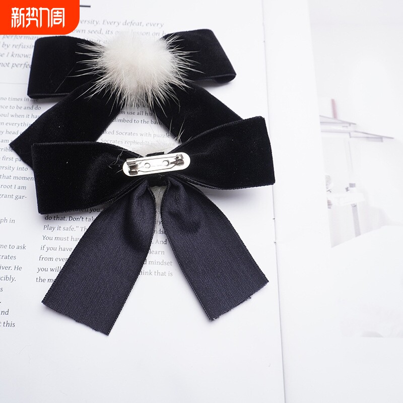韩国秋冬黑色丝绒领结女蝴蝶结衬衫装饰品飘带领花别针领子衣领