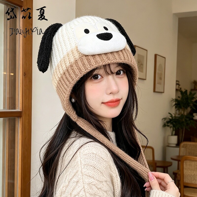 秋冬季户外保暖护耳帽子女卡通可爱小狗套头针织帽甜美时尚毛线帽