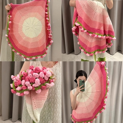 玫瑰花渐变毯花束的毯子钩织手织diy毛线针织手工编织自制材料包