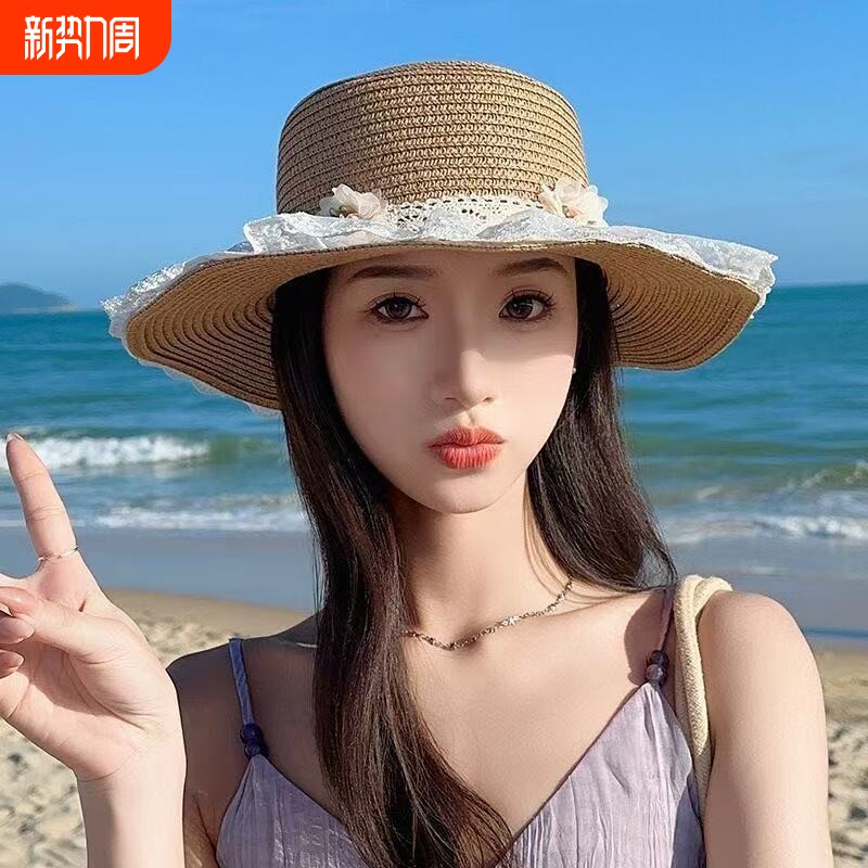 原创ins风蕾丝甜美蝴蝶结多巴胺海边沙滩JK草帽洛丽塔Lolit