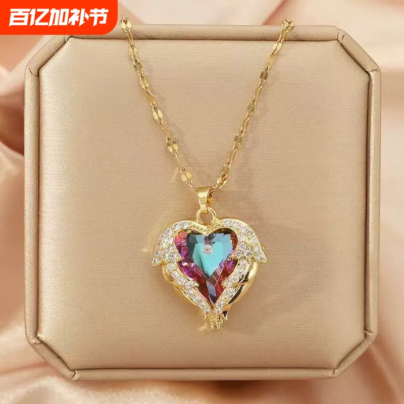 欧美海洋之心炫丽紫光爱心彩色水金吊坠项链女高级感锁骨配饰