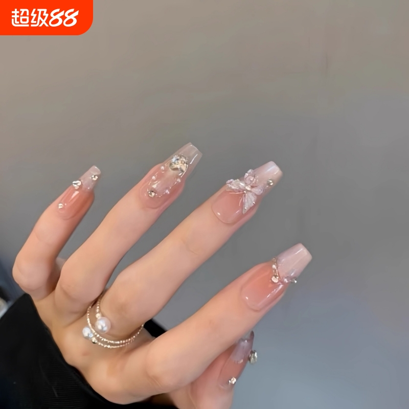 纯手工穿戴甲新娘结婚穿戴甲美甲贴片蝴蝶猫眼钻石假指甲