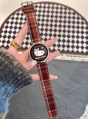 适用华为手表gt6韩风格纹表带watch3/gt4pro秋冬复古gt2皮质女gt5/watch5智能运动腕带红棕色硅胶金属帆布