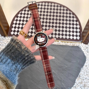 适用华为手表gt6韩风格纹表带watch3/gt4pro秋冬复古gt2皮质女gt5/watch5智能运动腕带红棕色硅胶金属帆布