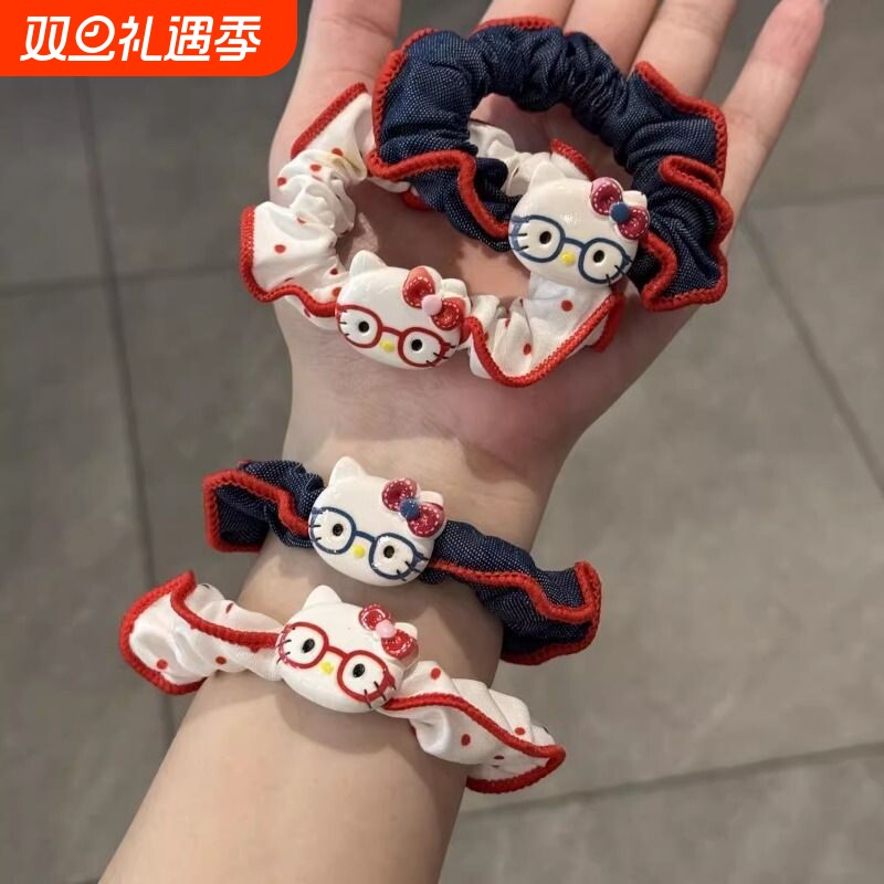 韩系可爱戴眼镜kt猫小肠发圈2025新款丸子头扎发绳高弹力皮筋头