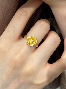 古法金色点钻玫瑰花戒指
