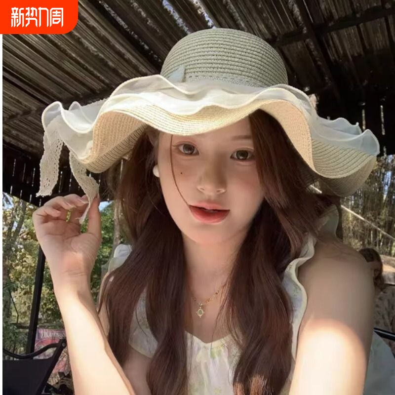 蕾丝蝴蝶结草帽女夏季时尚海边出游度假防晒遮阳帽大沙滩平顶旅行