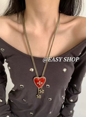 韩系ins复古爱心十字架吊坠项链女时尚百搭长款毛衣链小众设计感