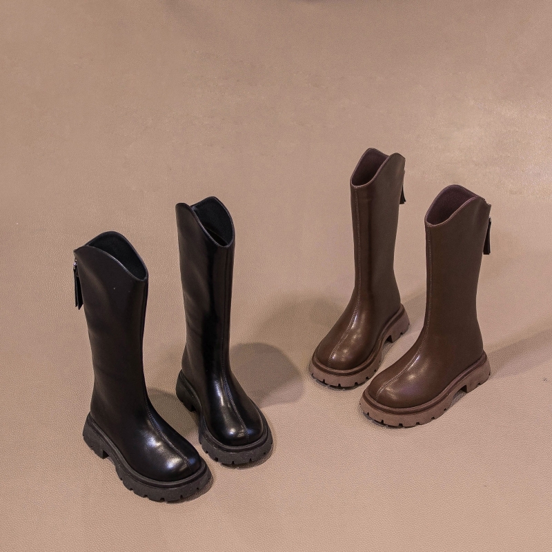 女童靴子2025春秋新款黑色儿童长筒靴女孩秋冬加绒童鞋高筒平底