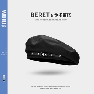 ins网红贝雷帽女夏季 英伦复古黑色设计感小众显脸小蓓蕾帽子 薄款