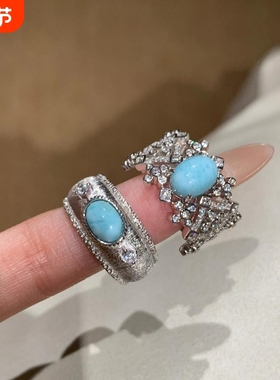 925Vintage中古轻奢高级感绿松石镶钻拉丝戒指小众设计重工宽版