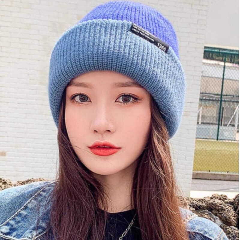 帽子毛线帽女秋冬韩版百搭潮贴标保暖冷帽大头围毛针织帽灰色紫色