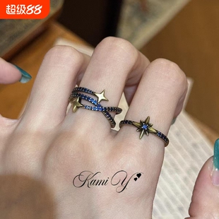 中古Vintage古铜色做旧蓝钻戒指时尚气质高级感百搭叠戴开口指环