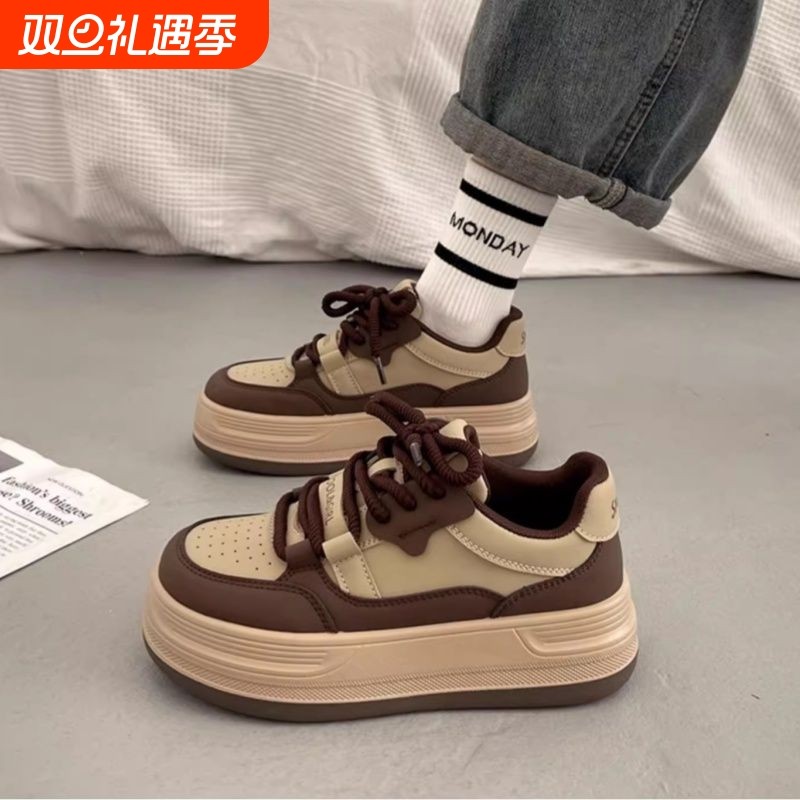 品牌断码2025新款叠穿港风松糕厚底板鞋女春秋小众增高百搭休闲运