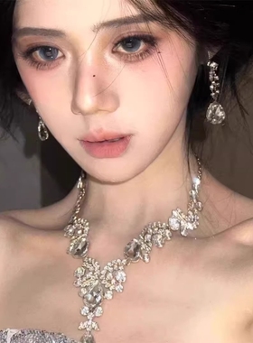 超闪公主水滴锆石项链耳环套装女轻奢小众高级感夸张新娘礼服配饰