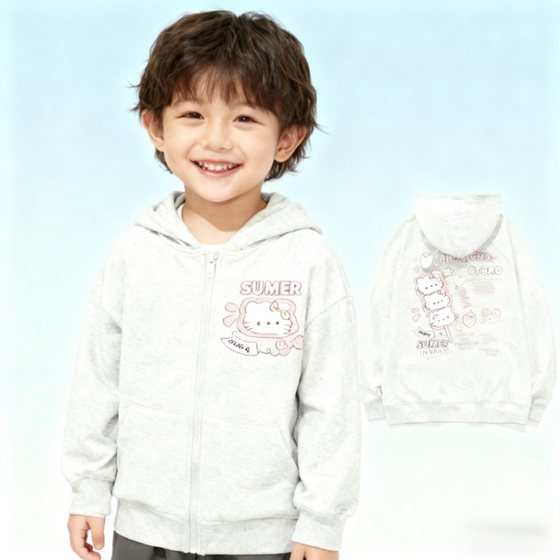 秋冬款KT猫印花男女童连帽开衫拉链卫衣宽松中大童装加绒加厚外套