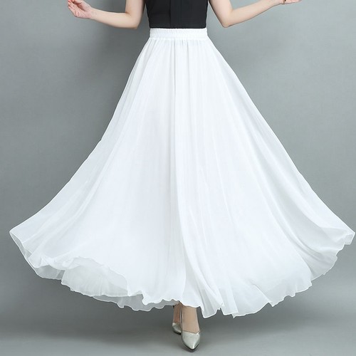 540度休闲沙滩半身裙大摆裙三层雪纺白色舞蹈裙长裙仙气红色裙摆