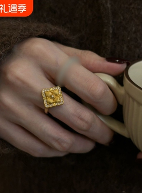 小红书同款中古vintage金色镶嵌锆石戒指女轻奢高级感手饰可调节