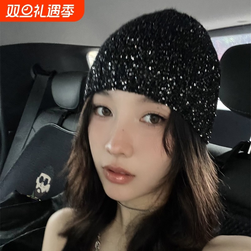 走秀款~权志龙同款亮片冷帽女早秋小香风包头帽ins风针织帽男潮