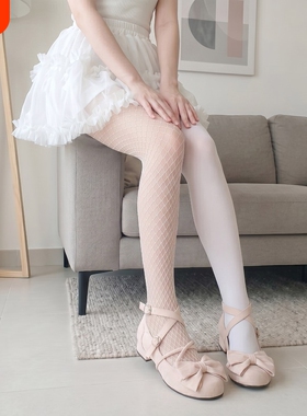 菱格纹连裤袜女白色天鹅绒拼接打底袜纯色女袜韩版气质网眼美腿袜