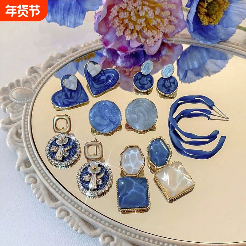 蓝色耳钉女2026年新款气质耳环爆款轻奢高级感耳坠耳饰紫色花朵