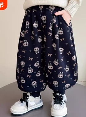 女童加绒裤子秋冬款2026新款儿童洋气休闲宝宝卡通满印卫裤THH454